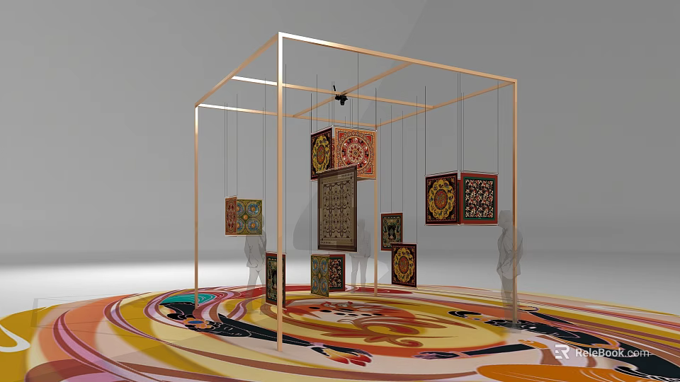 Art Installation With Golden Frame Structure Hanging Decorative Cubes And Colorful Spiral Floor Pattern 3d model 