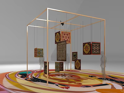 Art Installation With Golden Frame Structure Hanging Decorative Cubes And Colorful Spiral Floor Pattern 3d model