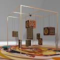 Art Installation With Golden Frame Structure Hanging Decorative Cubes And Colorful Spiral Floor Pattern