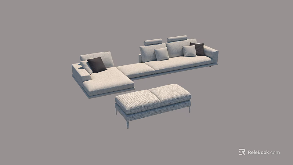 Light Gray L Shaped Sectional Sofa With Black Pillows And Matching Ottoman 3d model