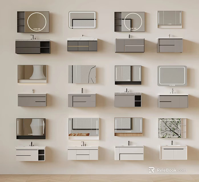 Various Modern Bathroom Vanity Designs With Mirrors And Sink Configurations 3d model