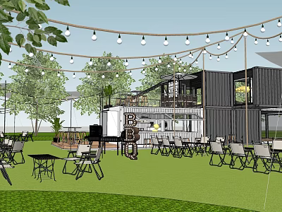 Outdoor Container Building Lounge Area With Lawn Tables Chairs And Decorative Lights 3d model