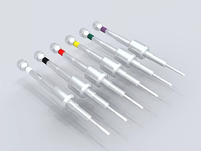 Multiple Silver Precision Hardware Tools With Color Coded Tops And Slim Design 3d model Multiple Silver Precision Hardware Tools With Color Coded Tops And Slim Design 3d model