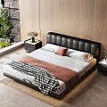 Modern Black Leather Headboard Double Bed with White Pillows Red Cushion and Checkered Blanket