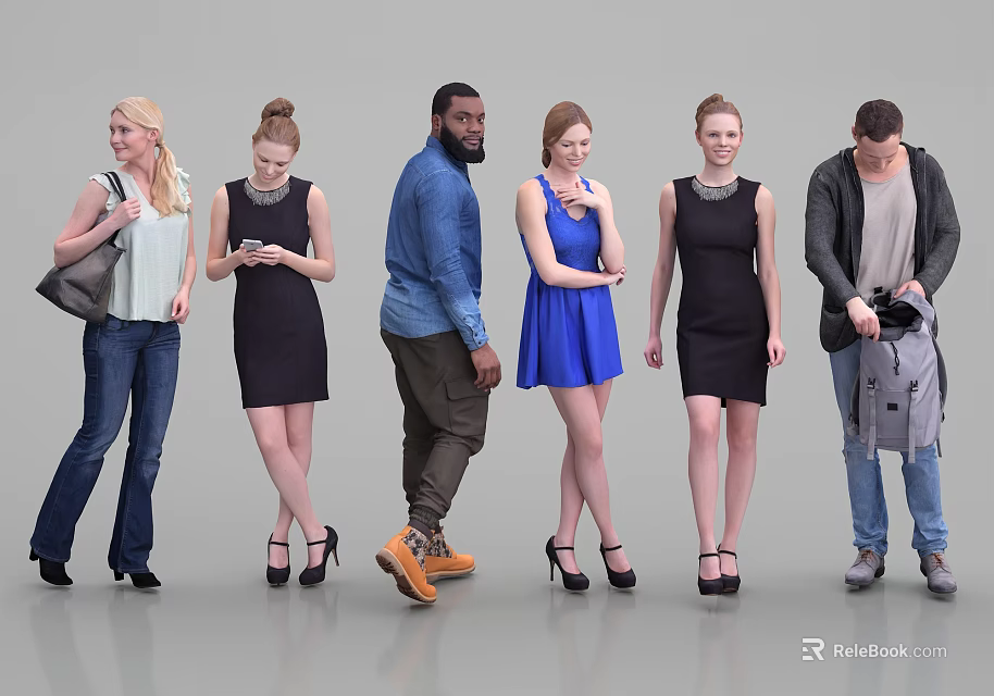 Group of Diverse People Standing in Different Poses With Various Outfits 3d model 