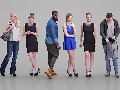Group of Diverse People Standing in Different Poses With Various Outfits 3d model