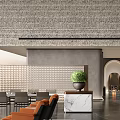 Modern Clubhouse Lobby Interior Design With Orange Chairs Grey Sofa Green Plants And Stone Wall