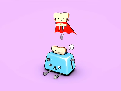 Game Movie Character Superhero Toast With Red Cape Popping From Blue Toaster On Purple Background 3d model