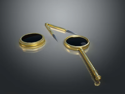 Set of Two Magnifying Glasses and Metal Tool with Golden Finish and Sturdy Handles 3d model