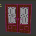 Classic Red Wooden Double Doors With Geometric Glass Panels And Metal Handles