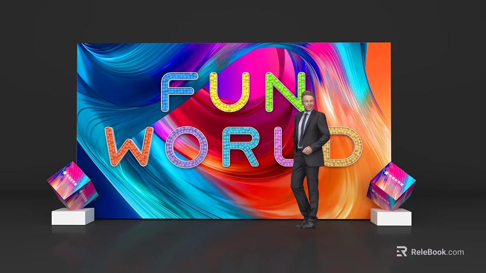 Check in at Fun World Event with Colorful Background Man in Suit and Decorative Cubes 3d model 