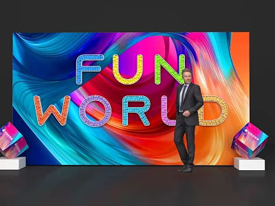 Check in at Fun World Event with Colorful Background Man in Suit and Decorative Cubes 3d model