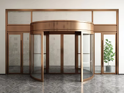 Brass Frame Revolving Door With Glass Panels And Green Plant On Polished Marble Floor 3d model