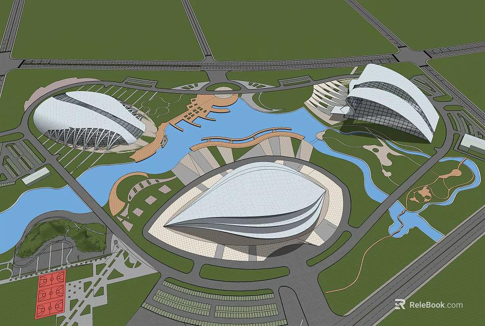 Large Modern Architectural Complex With Unique Curved Roofs Lakes And Green Landscape 3d model