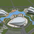 Large Modern Architectural Complex With Unique Curved Roofs Lakes And Green Landscape 3d model