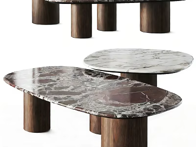 Modern Coffee Table With Marble Top And Wooden Cylinder Legs Design 3d model