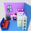 Colorful Cartoon Room With Blue Sofa Red Cushions Purple Walls Pink Desk White Bunk Bed