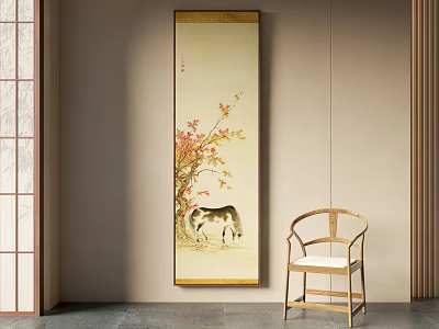 Traditional Animal Painting With Horse On Wall In Interior Featuring Red Leaves And Wooden Chair 3d model