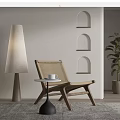 Rattan Leisure Chair With Wooden Frame Side Table Floor Lamp Arched Niches And Green Plant