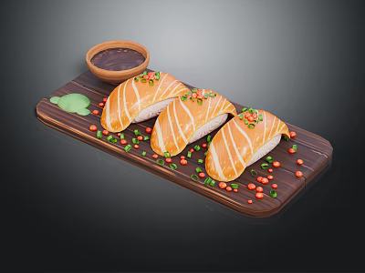 Fresh Salmon Sushi Served on Wooden Platter with Soy Sauce Wasabi and Colorful Garnishes 3d model