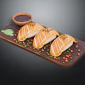 Fresh Salmon Sushi Served on Wooden Platter with Soy Sauce Wasabi and Colorful Garnishes