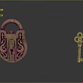 Antique Brass Lock And Key With Intricate Carvings On Dark Reflective Surface