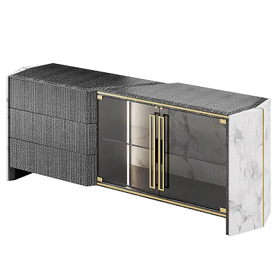 Modern Luxury Sideboard With Marble Panels Glass Doors And Gold Metal Frame 3d model