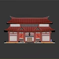 Cartoon Scenery Featuring Traditional Chinese Architecture With Red Curved Roof Front Steps And Green Plants