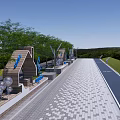 Municipal Road With Patterned Paved Sidewalk Greenery Street Lamps And Signs