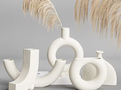 White Textured Ornament Combination with Geometric Curved Rings and Pampas Grass 3d model