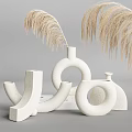White Textured Ornament Combination with Geometric Curved Rings and Pampas Grass