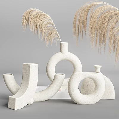 White Textured Ornament Combination with Geometric Curved Rings and Pampas Grass 3d model