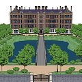 Classic Red Brick Detached Villa With Tower Clock Windows And Stone Path