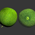 Two Fresh Green Melons With Netlike Texture And Small Stems On Black Reflective Surface