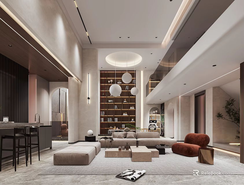 Modern Basement Living Space With Sofas And Bookshelves 3d model