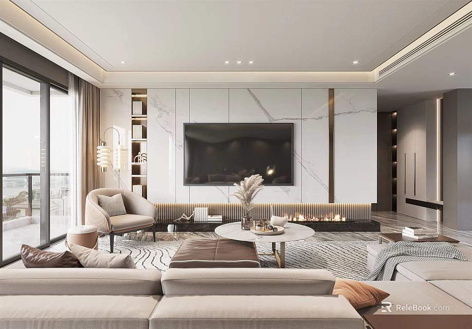 Modern Living Room Interior With Sofa TV Fireplace Area Rug And Floor To Ceiling Windows 3d model 