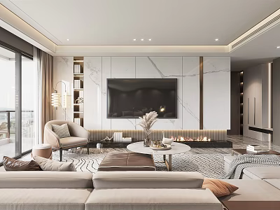 Modern Living Room Interior With Sofa TV Fireplace Area Rug And Floor To Ceiling Windows 3d model