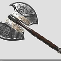 Decorative Double Headed Axe With Carved Metal Blades And Leather Wrapped Wooden Handle