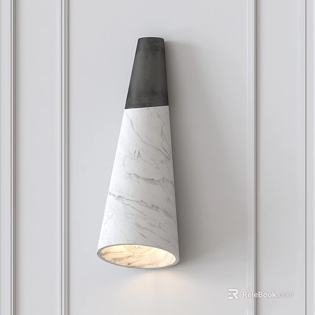 Modern Wall Lamp With White Marble Conical Shade And Black Top On Paneled White Wall 3d model 
