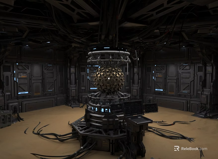 Futuristic Sci Fi Chamber With Metallic Structure Central Spherical Device Glowing Cables And Control Panels 3d model 