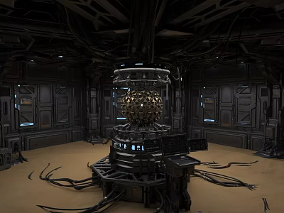 Futuristic Sci Fi Chamber With Metallic Structure Central Spherical Device Glowing Cables And Control Panels 3d model