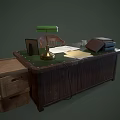 Wooden Office Desk With Green Lamp Coffee Mug Books Papers Photo Frame And Storage Boxes