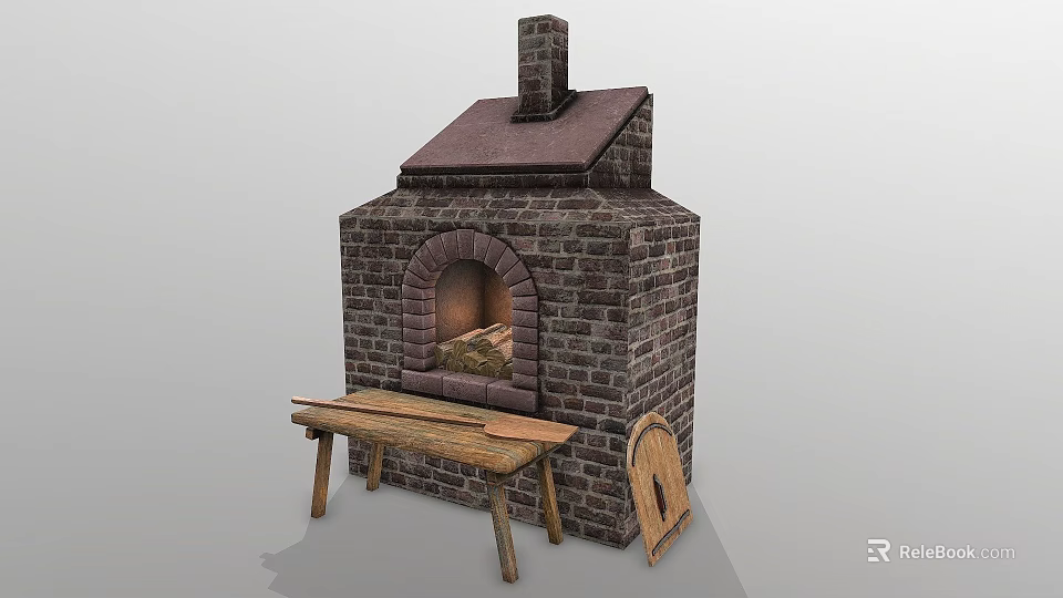 Traditional Brick Kitchen Oven With Chimney Wooden Bench And Cover 3d model 