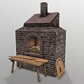 Traditional Brick Kitchen Oven With Chimney Wooden Bench And Cover