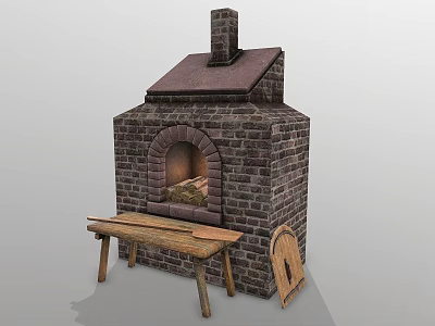 Traditional Brick Kitchen Oven With Chimney Wooden Bench And Cover 3d model