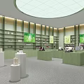 Green Interior Specialty Store With Display Shelves Round Counters White Chairs And Green Plants