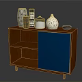 Wooden Console Cabinet With Blue Door Open Shelves Decorative Vases And Small Bowl On Top