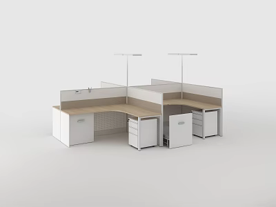 Modular Office Desk With Dividers Light Wood Top White Cabinets Drawers And Overhead Lights 3d model