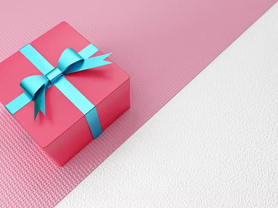 Pink Gift Box With Blue Bow On Textured Pink And White Background 3d model