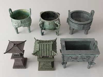 Traditional Ceramic Vessels Featuring Tripod Cauldrons Pagoda Shaped And Square Designs 3d model